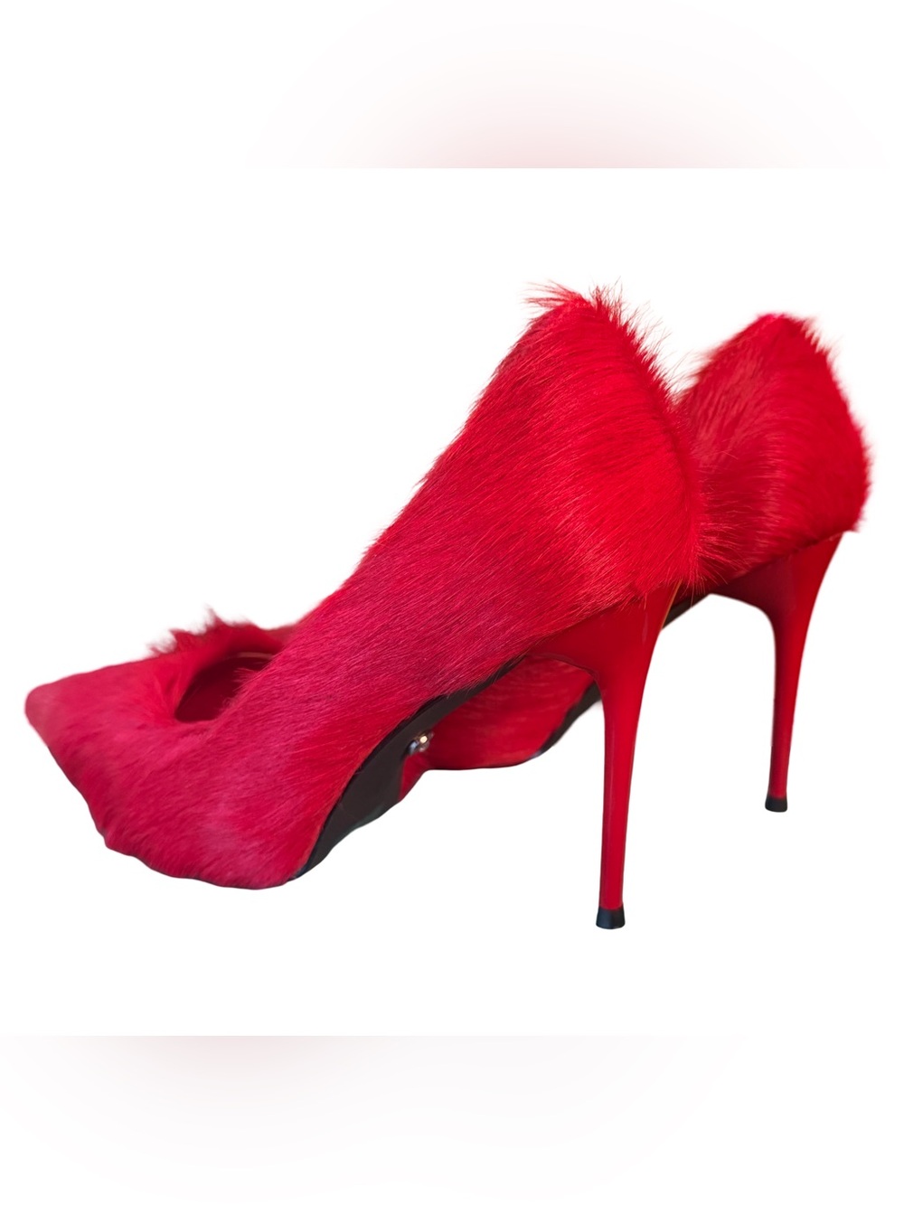 Azalea Wang NWT Stunning Red Dyed Cow Fur Pointed Toe Stiletto Pumps (SH411) - Picture 3 of 11